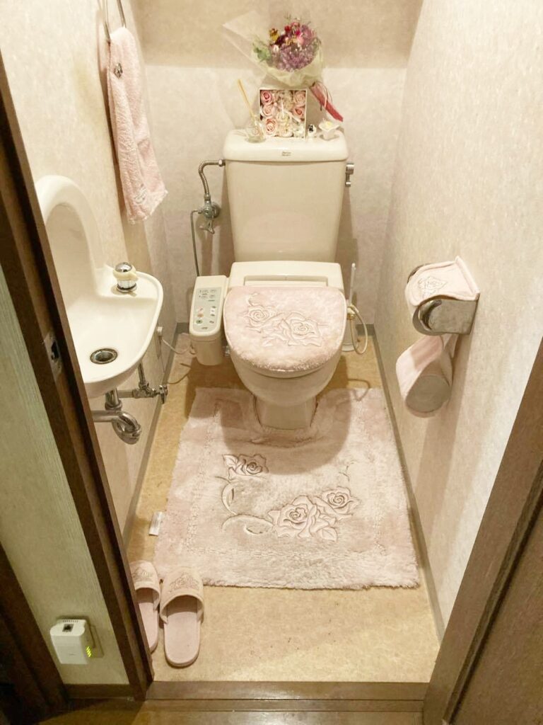 ﾀﾝｸ式のﾄｲﾚ・手洗いで手狭な印象です。
