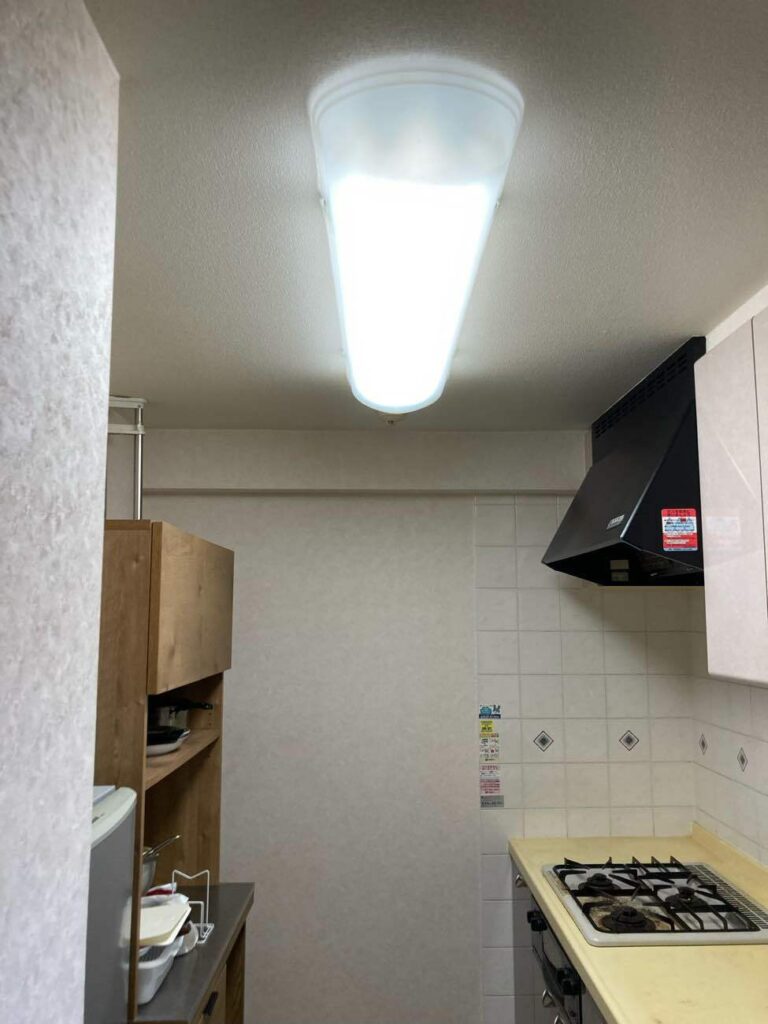 天井照明を取り替えます。大きくて明るいですが少し圧迫感がありました。