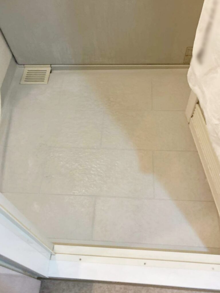 床や浴槽表面にも白っぽい汚れの固着がみられました。